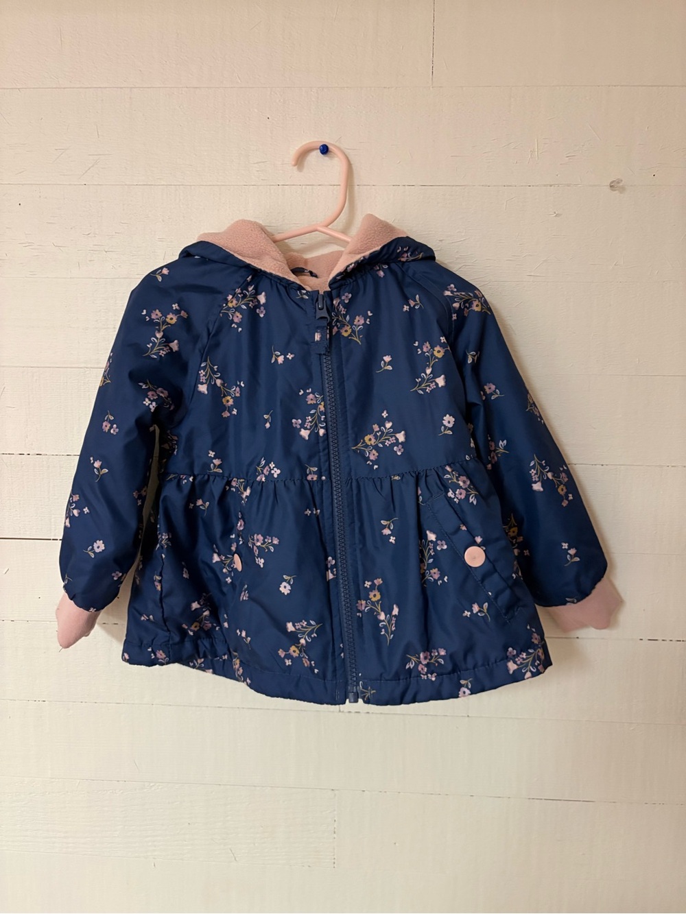 OshKosh B'gosh Girls 2T Navy Floral Fleece Lined Hooded Jacket